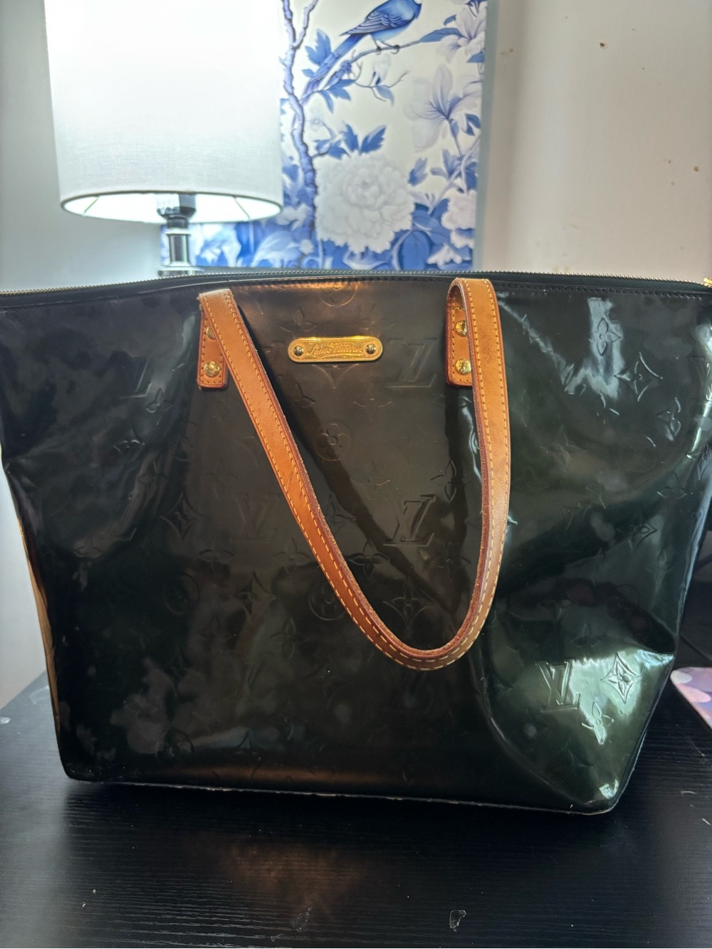 Authentic Louis Vuitton Vernis Bellevue GM Tote-Rare Metallic Olive Green- As Is